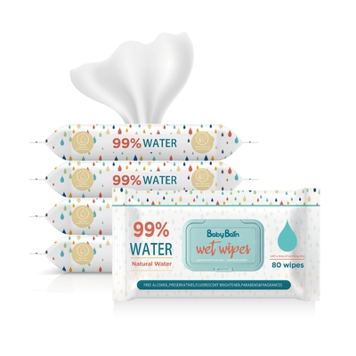 80PCS 가방 OEM GSM을 청소하는 버릴 수 있는 친절한 Eco 아기 워터 습식 와이퍼지는 후려칩니다